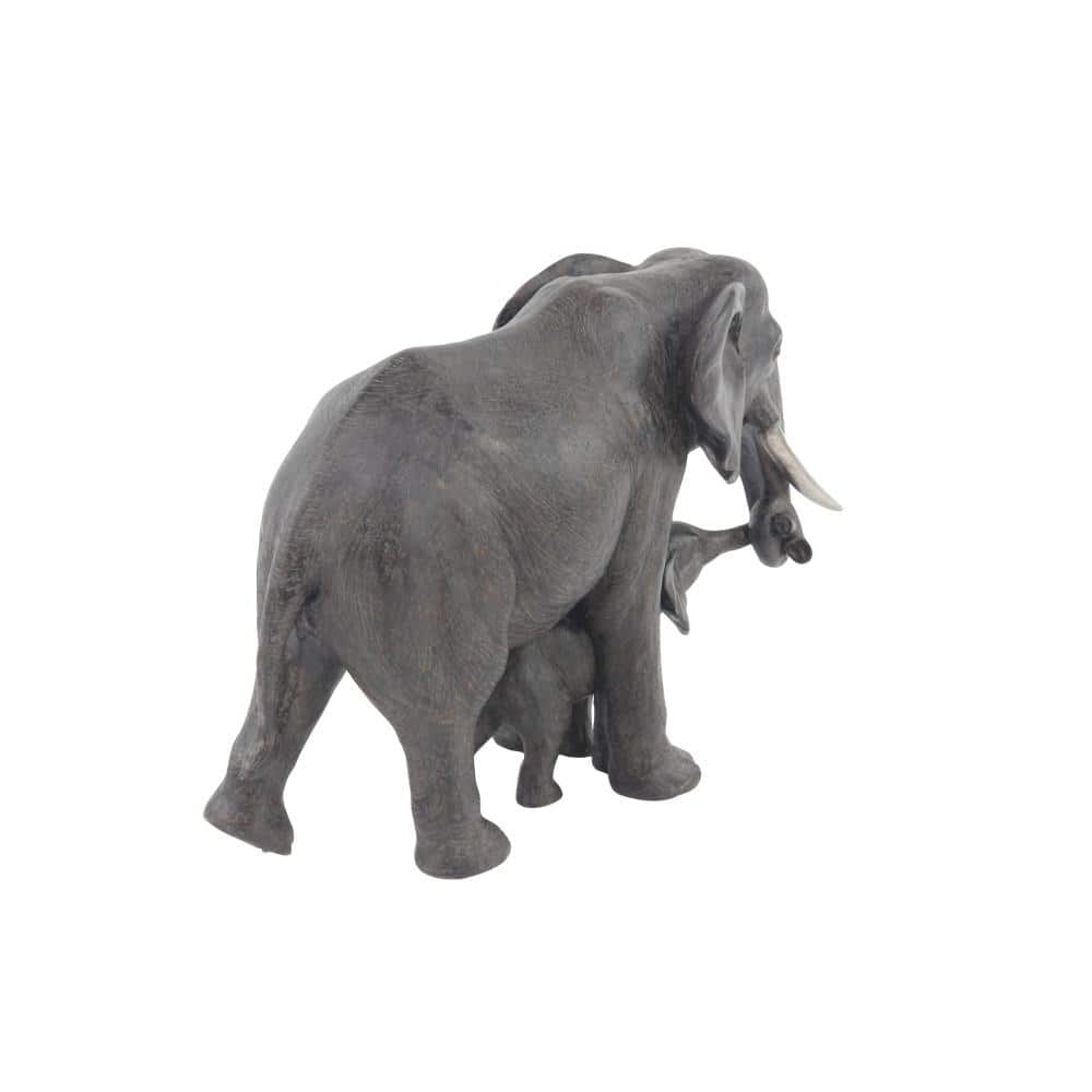 Gray Resin Elephant Mother and Calf Sculpture