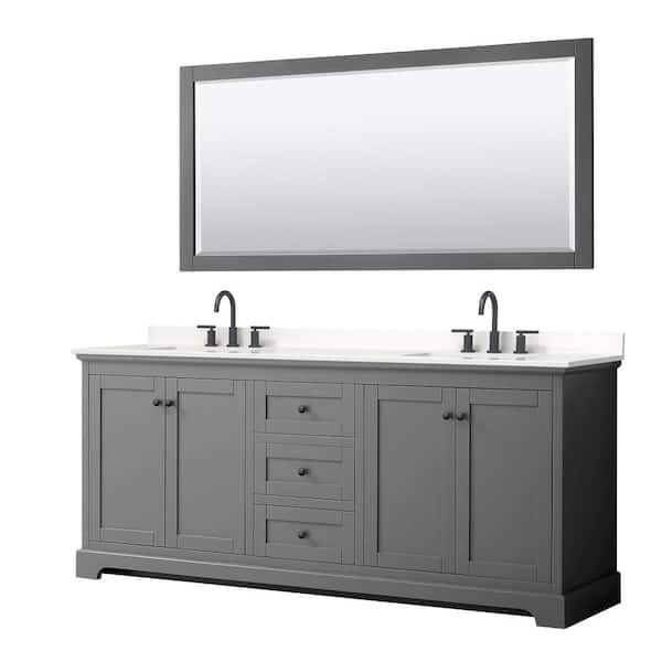 Wyndham Collection Avery 80 in. W x 22 in. D x 35 in. H Double Bath Vanity in Dark Gray with White Quartz Top and 70 in. Mirror