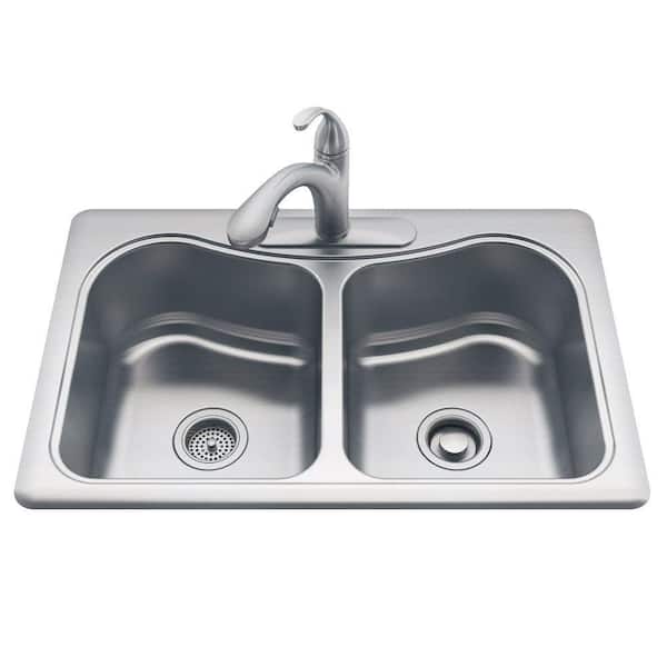 KOHLER Staccato All-in-One Drop-In Stainless Steel 33 in. 3-Hole Double Basin Kitchen Sink