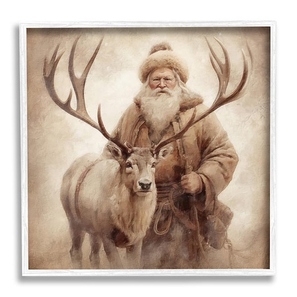 Stupell Industries Traditional Santa and Reindeer by Riley B 1-Piece Framed Graphic Print Animal Poster Art Print 24 in. x 24 in.