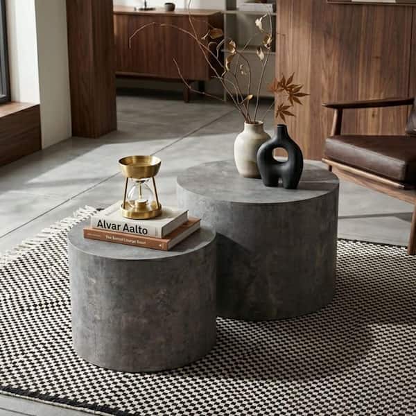 Reut 18.9 in. Stone Gray Round Wood Coffee Table with 2 Pieces, Nesting Center Table