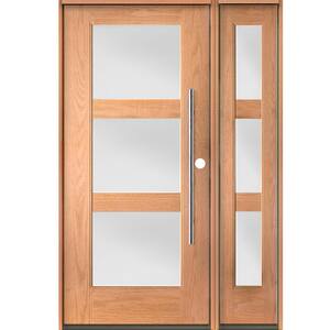 Modern Faux Pivot 50 in. x 80 in. 3-Lite Left-Hand/Inswing Satin Glass Teak Stain Fiberglass Prehung Front Door with RSL
