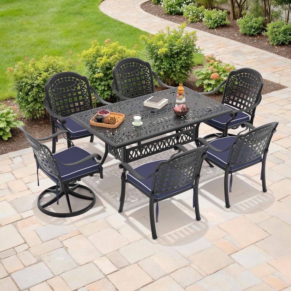 Black 7-Piece Cast Aluminum Outdoor Dining Set with Blue Cushions with Dining Chairs, Swivel Rockers and Dining Table price history on PriceWatchPro