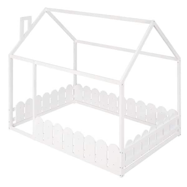 White Wood Frame Full Size Platform Bed with Fence