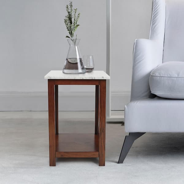 AndMakers Agatha 24 in. Carrara White Rectangular Italian Marble End Table with Walnut Legs