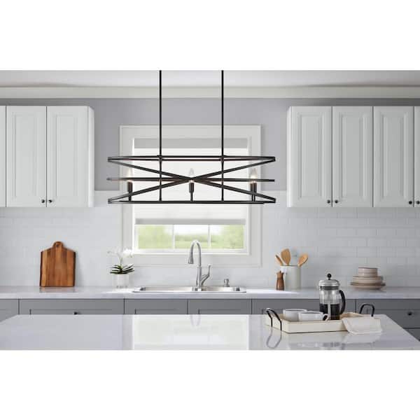 Home Decorators Collection Sarolta Sands 6-Light Bronze Kitchen Island Pendant Light Fixture with Linear Metal Shade
