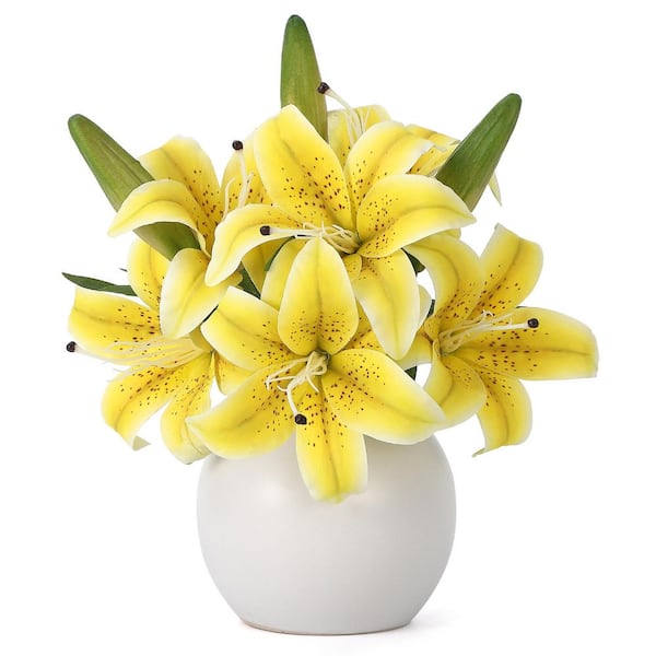 13.7 in. White Real Touch Artificial Lily Bouquet, Indoor Decor