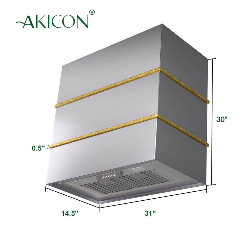 30" Brushed Stainless Steel and Gold Wall Mount Range Hood
