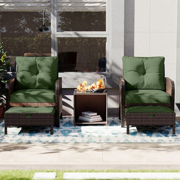 5-Piece Wicker Patio Conversation Set, Outdoor Chairs with Dark green Cushions, Coffee Table and Ottomans