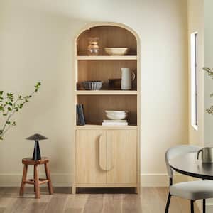 Arched 76 in. Tall Coastal Oak Wood 4-Shelf Bookcase with Closed Storage and Statement Pulls