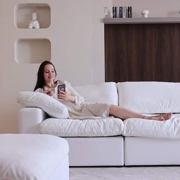 80.3 in. W Square Arm Linen Modular Free Combination Sofa with Storage Ottoman in. White
