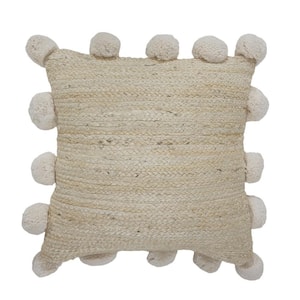 Rustic Beige Braided Pom Pom Natural Jute Durable Poly-Fill 20 in. x 20 in. Indoor Throw Pillow