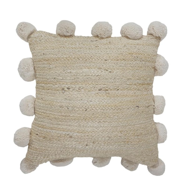 LR Home Rustic Beige Braided Pom Pom Natural Jute Durable Poly-Fill 20 in. x 20 in. Indoor Throw Pillow