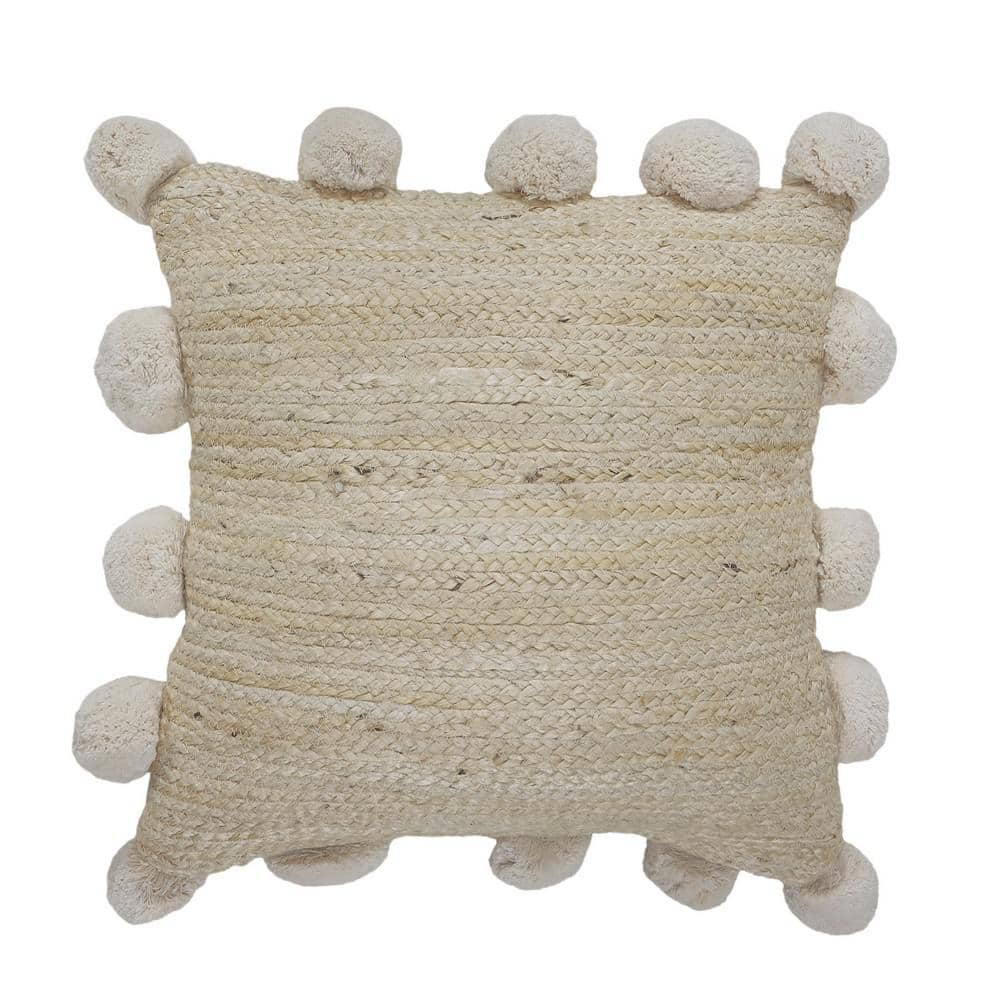Rustic Beige Braided Pom Pom Natural Jute Durable Poly-Fill 20 in. x 20 in.
