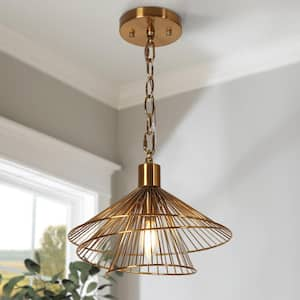 Artmatrwer 1-Light Plating Brass Bell Tier Pendant Light with Metal Wire Shade