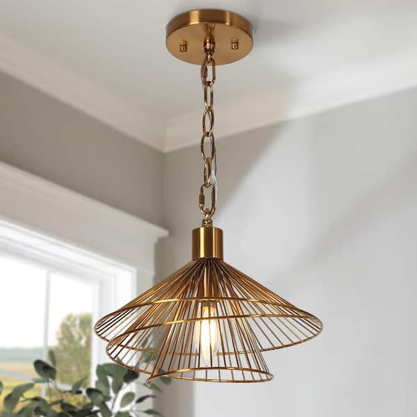 Artmatrwer 1-Light Plating Brass Bell Tier Pendant Light with Metal Wire Shade