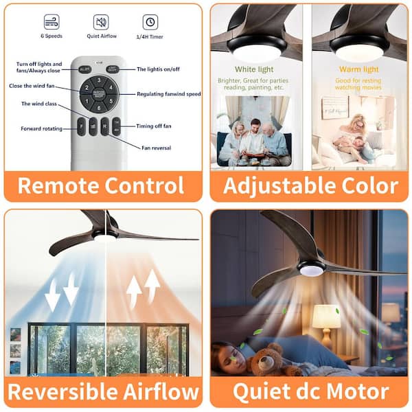 52-Inch Standard Wood Ceiling Fan with 3 Blades, 18W LED Light, Reversible DC Motor,Remote Control,6-Speed,Downrod Mount