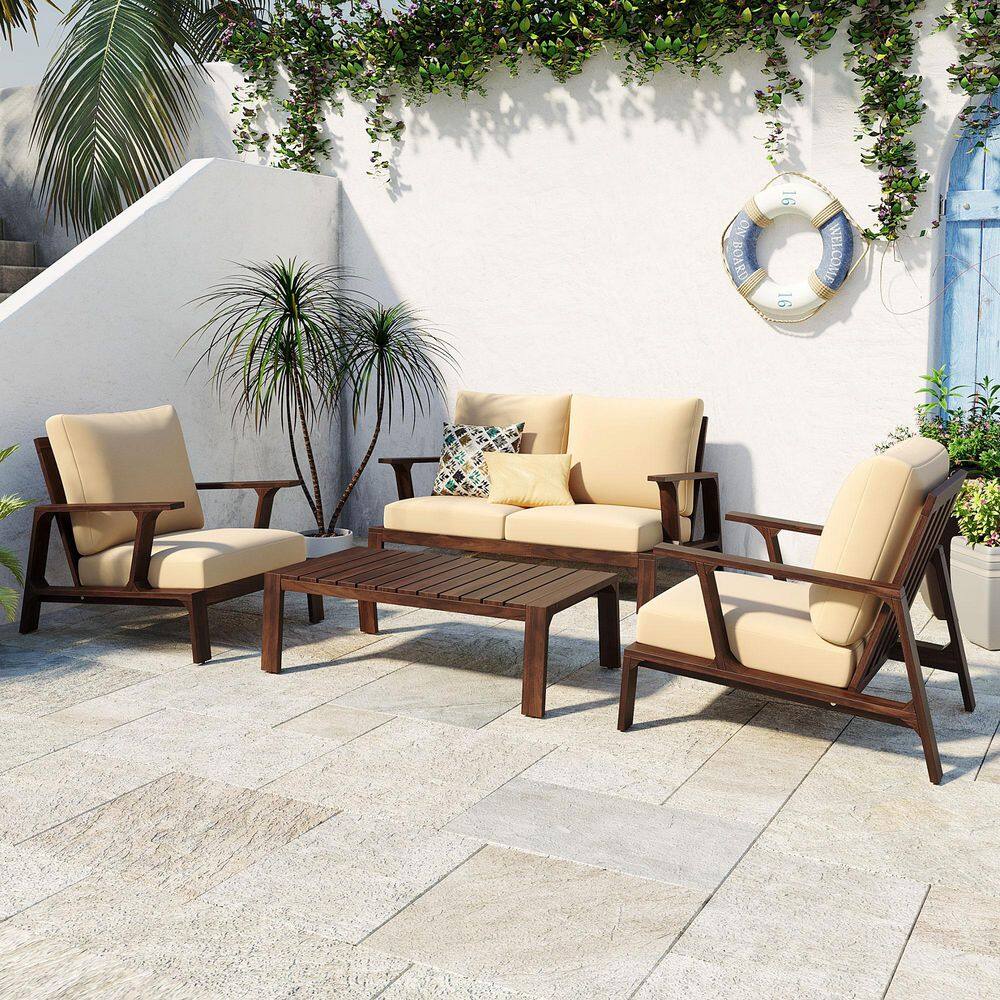 Sudzendf Brown 4-Piece Metal Outdoor Patio Conversation Set with Wooden ...