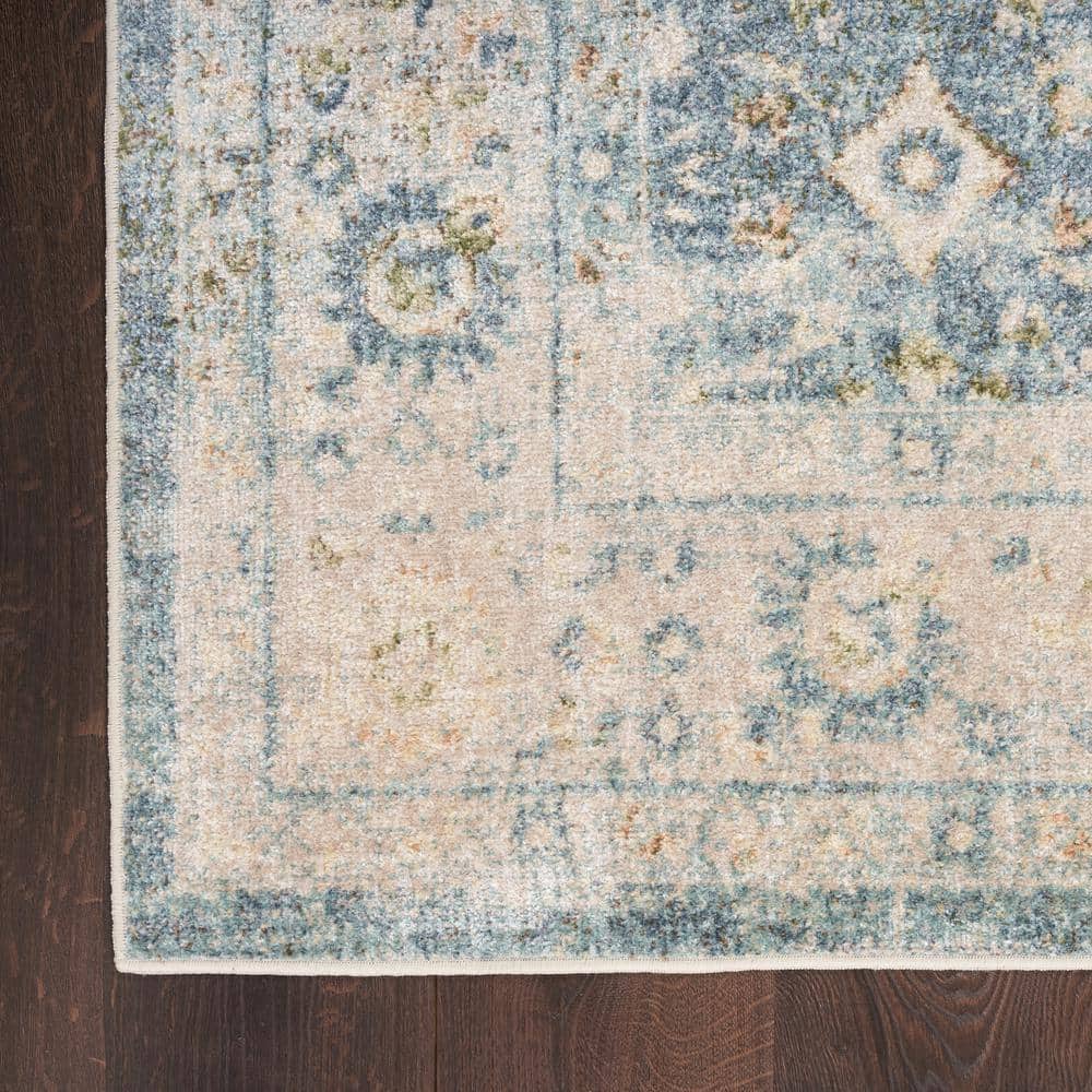 Teal Beige Floral Synthetic Washable Rectangular Area Rug 5' x 7'