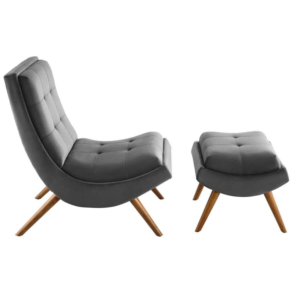 Ramp Modern Gray Velvet Lounge Chair and Ottoman Set