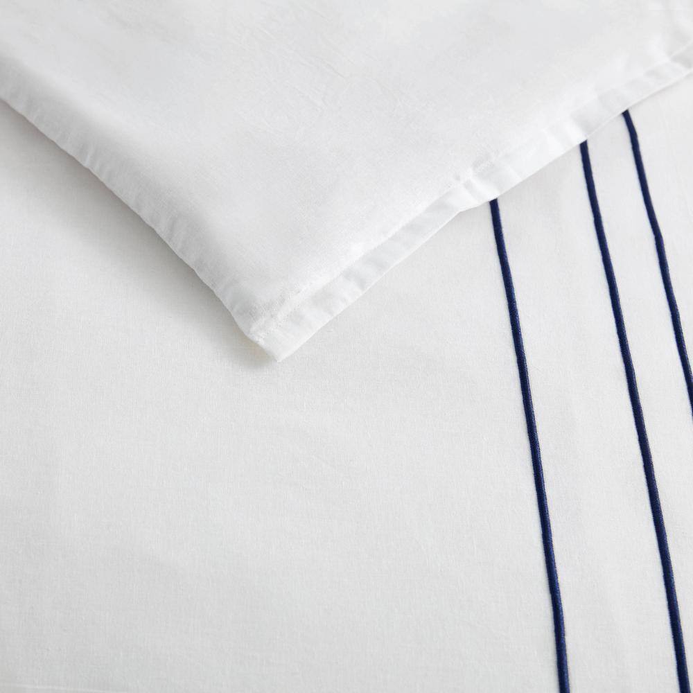 King White Cotton Duvet Cover Set with Navy Trim