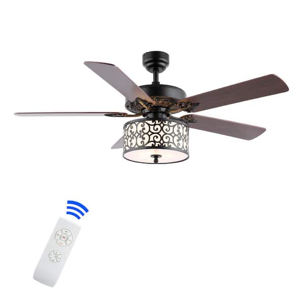 Paolo 52 in. 3-Light Farmhouse Industrial Iron Scroll Drum Shade LED Ceiling Fan With Remote, Black/White