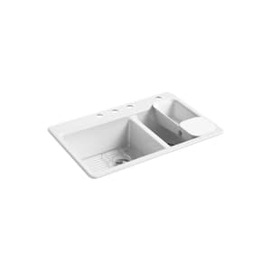 Riverby White Cast Iron 33 in. 4-Hole Double Bowl Drop-In Kitchen Sink