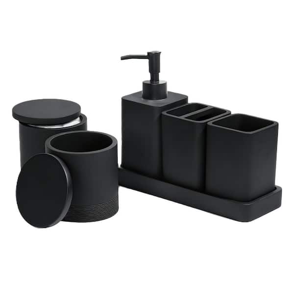 6-Piece Bathroom Accessory Set with Toothbrush Holders, Soap Dispenser, Vanity Tray, Tumbler, Cotton Swab Jars in Black