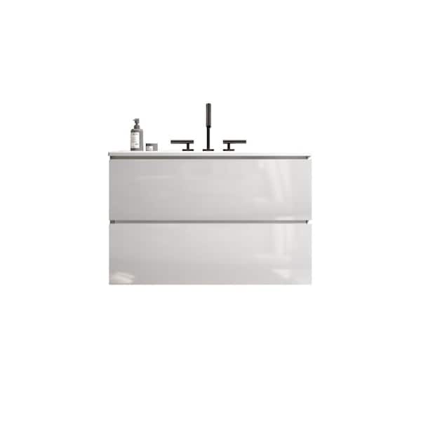 30 in. Wall-Mounted Glossy White Bath Vanity with White Ceramic Top Pre-assembled
