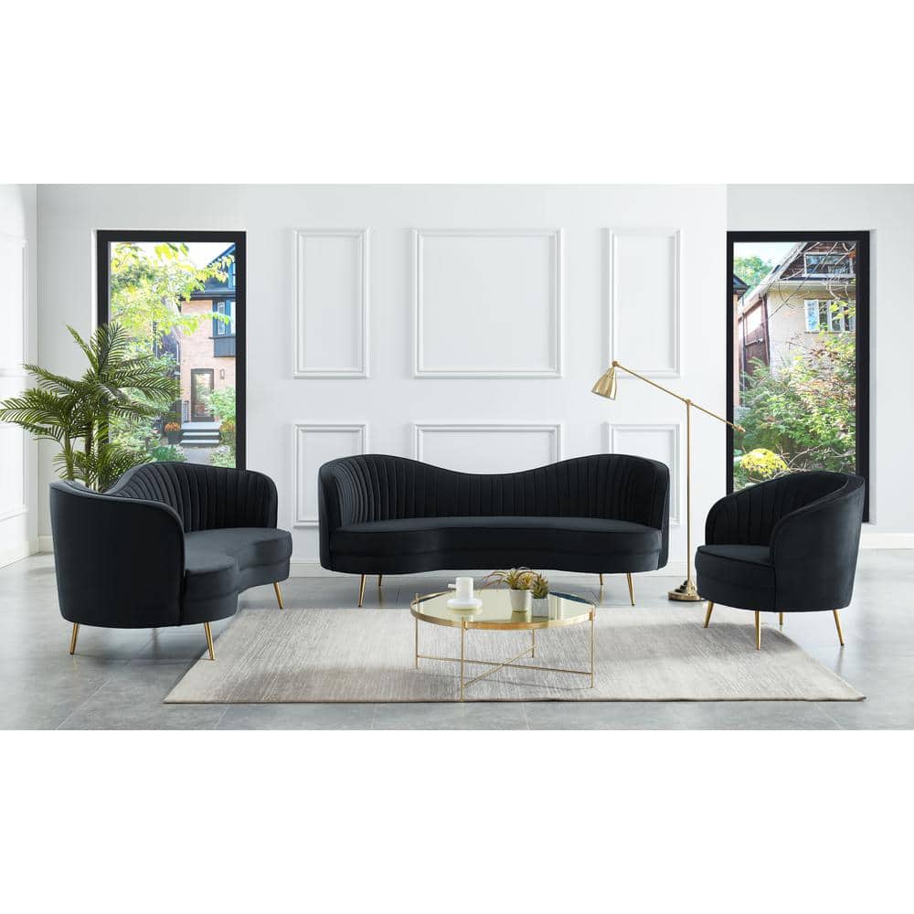 Black Velvet Sloped Arm Camelback 3-Seat Sofa with Wood Frame