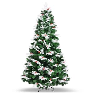 7 ft. Artificial Christmas Tree Snow Flocked Hinged Artificial Xmas Tree with Red Berries