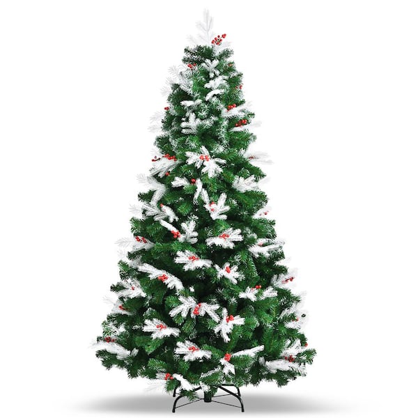 Gymax 7 ft. Artificial Christmas Tree Snow Flocked Hinged Artificial Xmas Tree with Red Berries