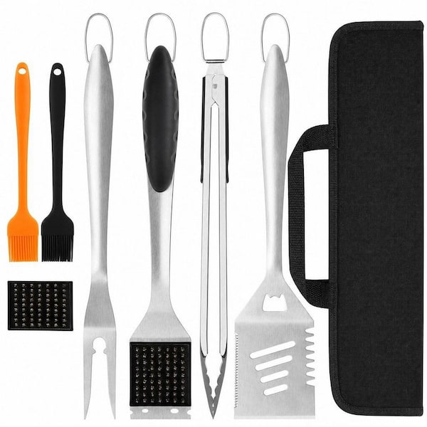 8-Piece BBQ Grill Tools Set with Extra Thick Stainless Steel Spatula, Fork, Tongs, Cleaning Brush & Portable Bag, Black
