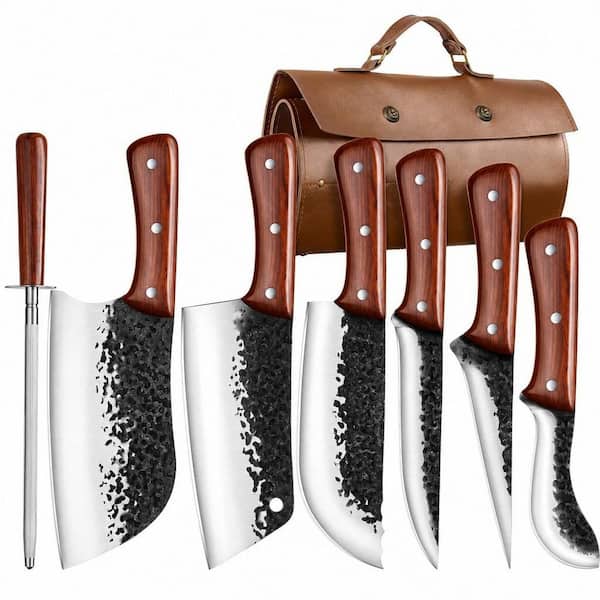 8-Piece Stainless Steel Knife Set with Roll Bag, Hand Forged Knives Set for Home, Outdoor Cooking, Camping BBQ