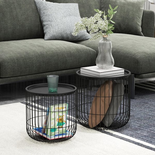 Sudzendf Set of 2 Black Outdoor Side Table with Steel Wired Basket Body and Removable Top