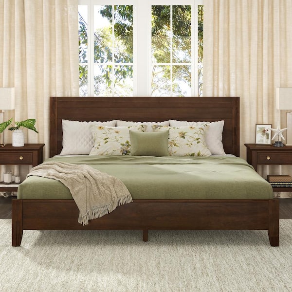 Lessio Dark Brown Mid-Century 13.7 in. Solid Wood Frame King Platform Bed with Wooden Slats, Headboard, Easy Assembly
