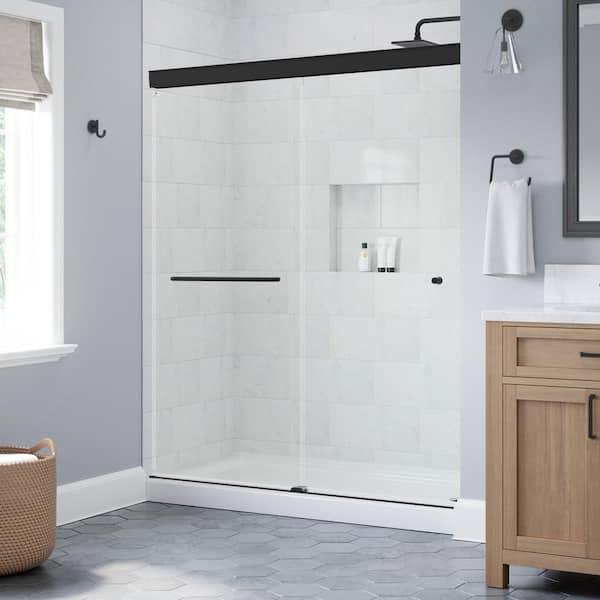 Portwood 52 to 60 in. W x 70-1/4 in. H Semi-Frameless Sliding Shower Door in Matte Black with 1/4 in. Clear Glass