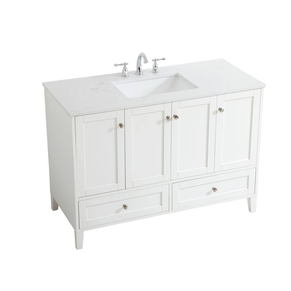White 48" Single Quartz Top Bathroom Vanity with Drawers