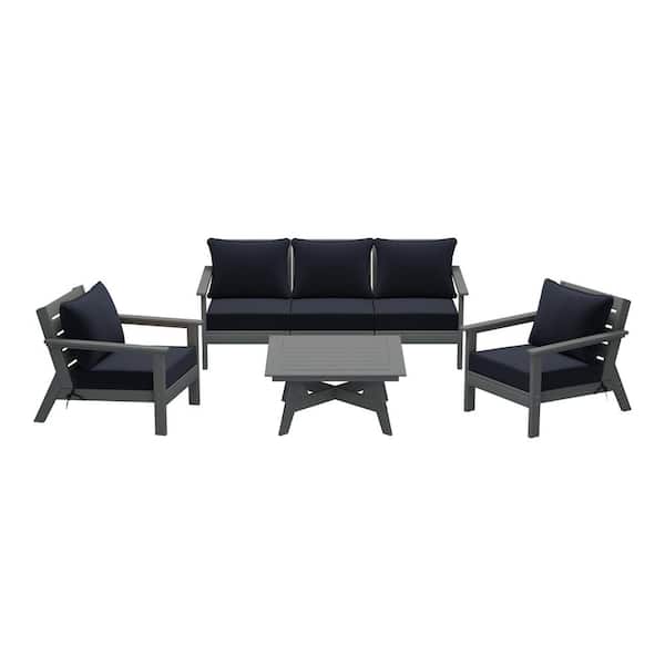 WESTIN OUTDOOR Birchwood Gray Arrangeable 6-Piece Outdoor Patio HDPE Deep Seating Conversation Sofa Set w/ Navy Blue Cushions