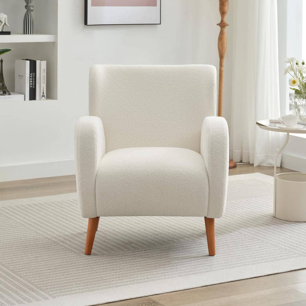 Beige Boucle Wingback Accent Chair with Wood Legs