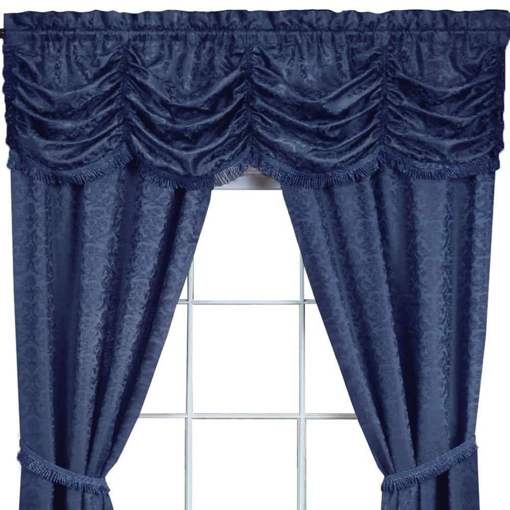 Navy Blue Jacquard Damask Curtains with Austrian Valance and Tiebacks