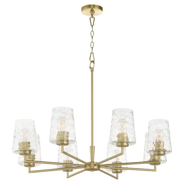 Quorum Goodwin 60-Watt 8 Light Aged Brass Chandelier Lights with Clear Hammered Glass Shade, No Bulb Included