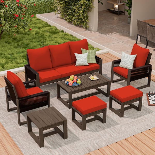 MeetLeisure 7-Piece Outdoor Wood Patio Conversation Set with Red Cushion