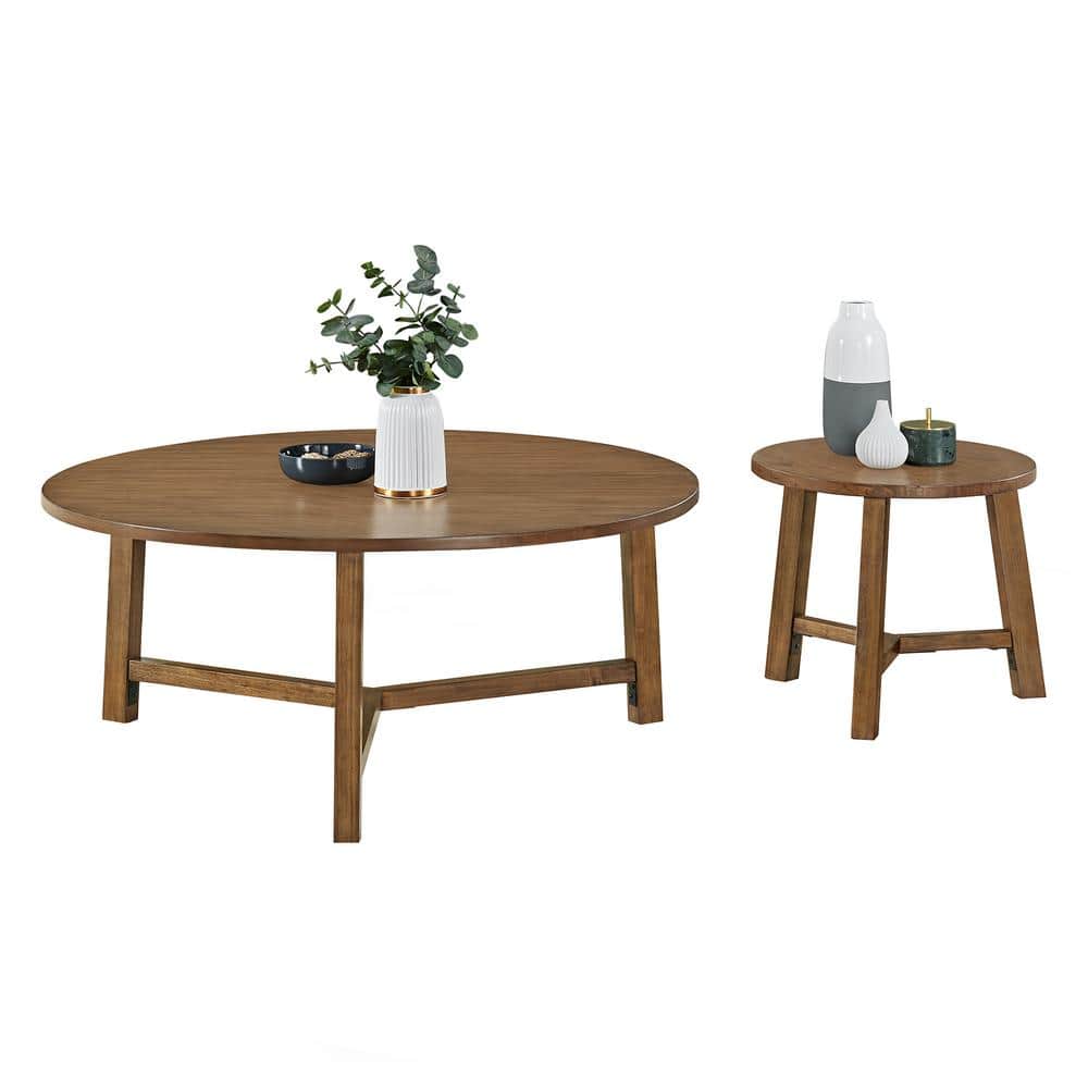 Alaterre 44 in. Newbury Round Pine Wood Coffee Table and End Table Set, Pec