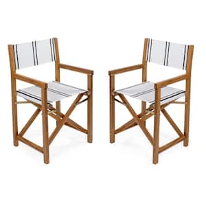 Cukor Vintage Outdoor Acacia Wood Folding Director Chair with Canvas Seat, White/Black Stripe/Teak Brown (Set of 2)