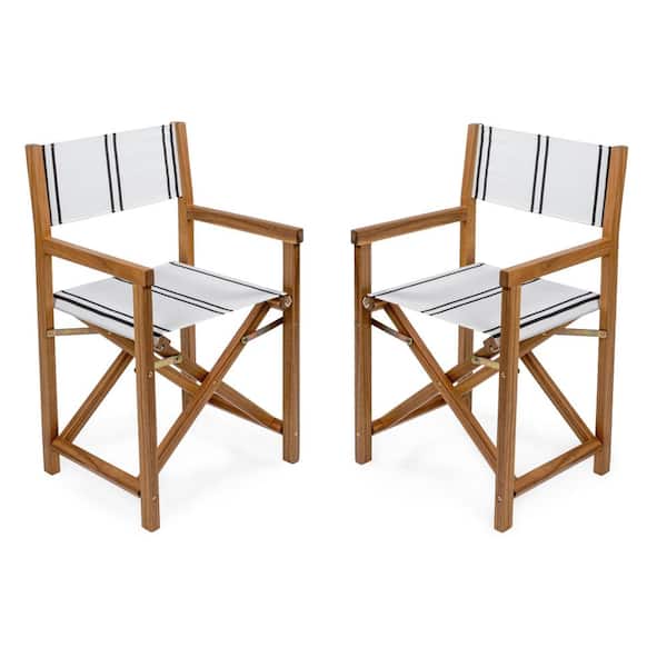 Cukor Vintage Outdoor Acacia Wood Folding Director Chair with Canvas Seat, White/Black Stripe/Teak Brown (Set of 2)