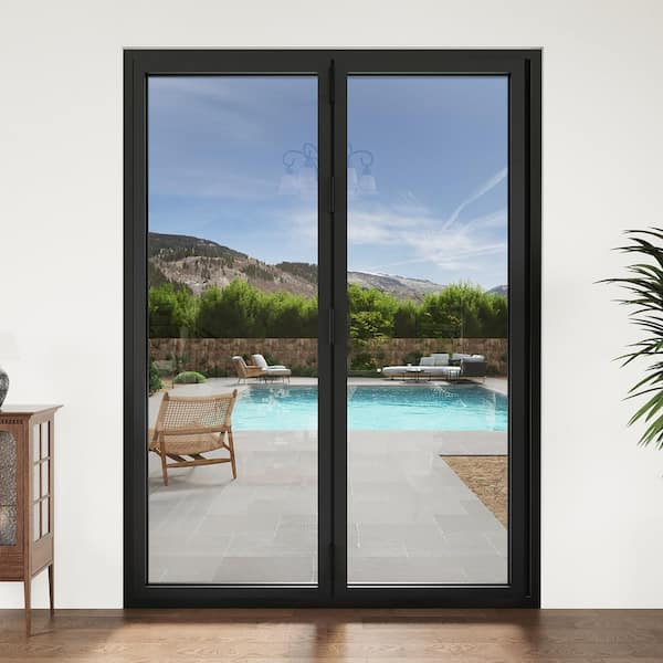 72 in. x 96 in. Right Swing/OutSwing Double Tempered Glass Black Aluminum Folding Patio Door (2-Folding)