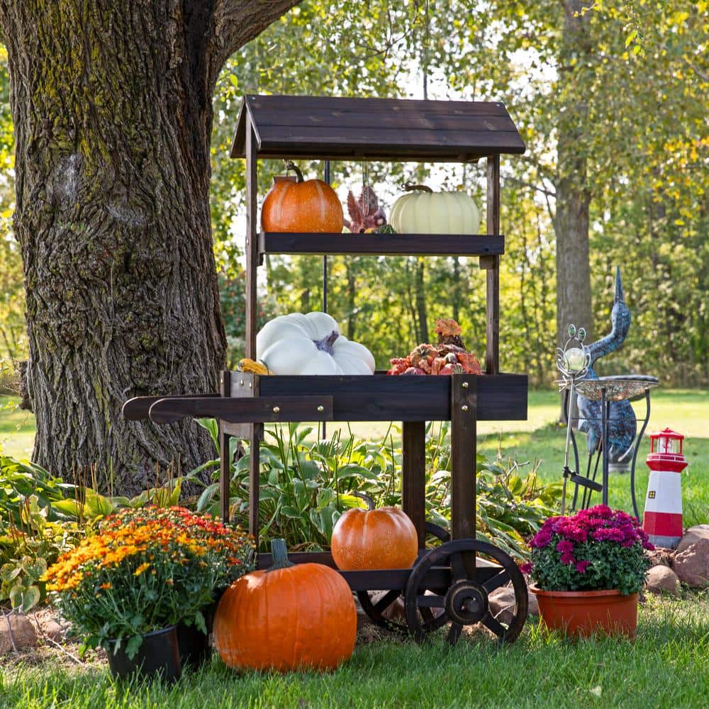 Charred Fir Wood 3-Tier Wheeled Flower Cart Display Stand