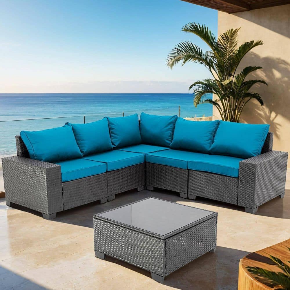 Dark Coffee 6-Piece, 5-Seat Wicker Outdoor Patio Sectional Conversation Sof
