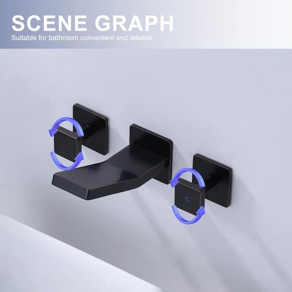 Modern Double Handle Wall Mounted Bathroom Faucet with Waterfall Spout in Oil Rubbed Bronze